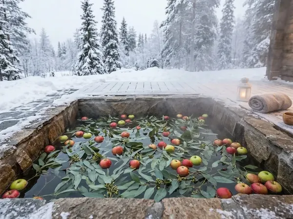 Горячая купель с дольками яблока и листьями эвкалипта