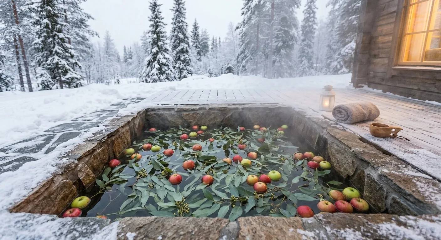 Горячая купель с листьями эвкалипта и яблоками, зимний лес вокруг